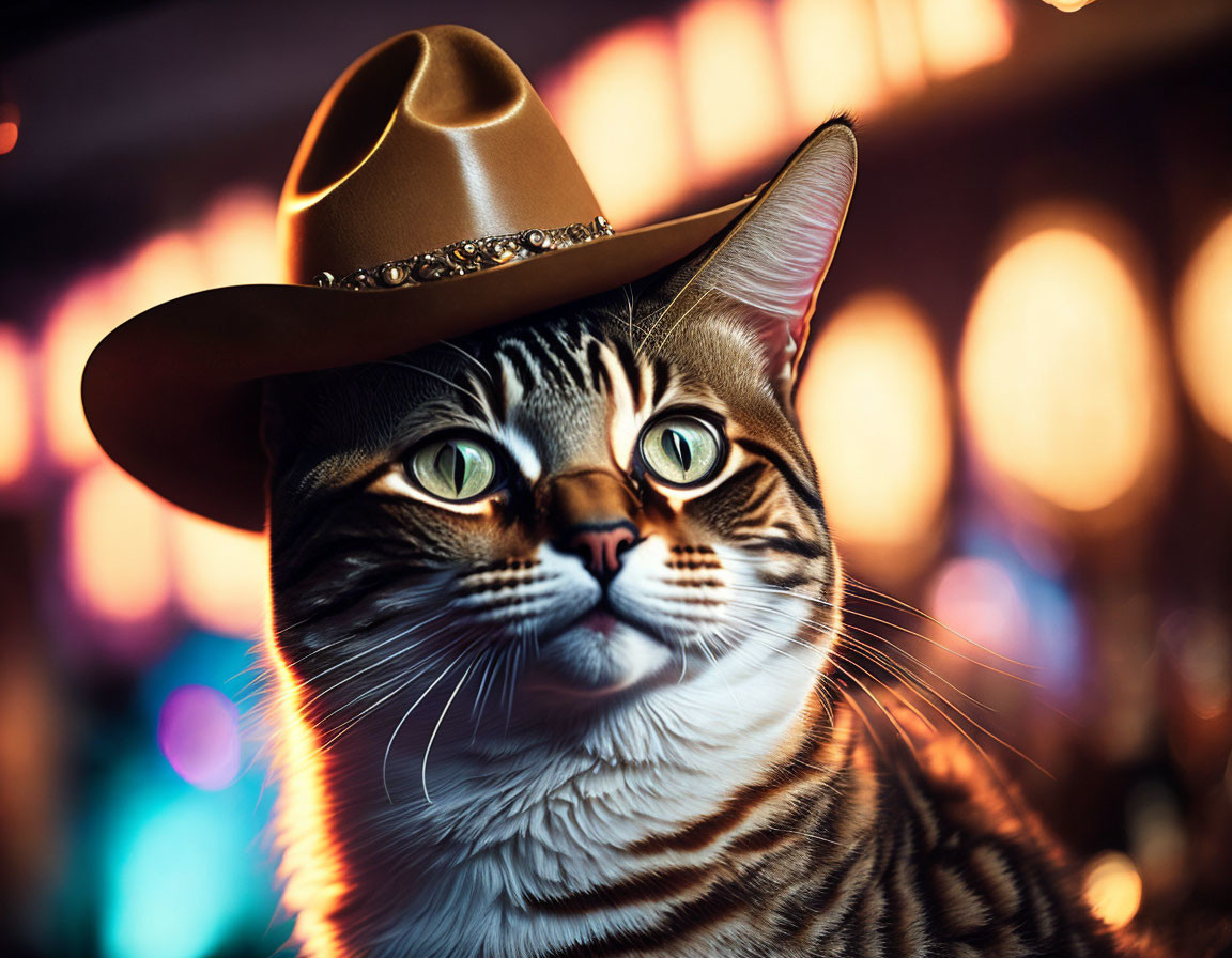 Tabby Cat in Stylish Cowboy Hat with Bokeh Background