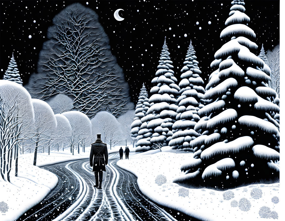 Monochromatic snowy landscape with person walking at night