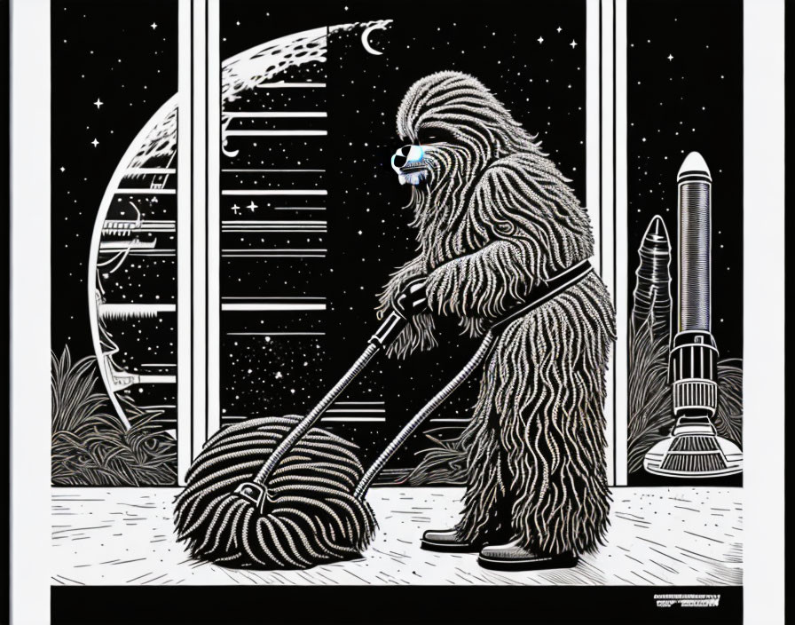 Mystical Bigfoot-like creature cleaning moon with space shuttle in surreal artwork