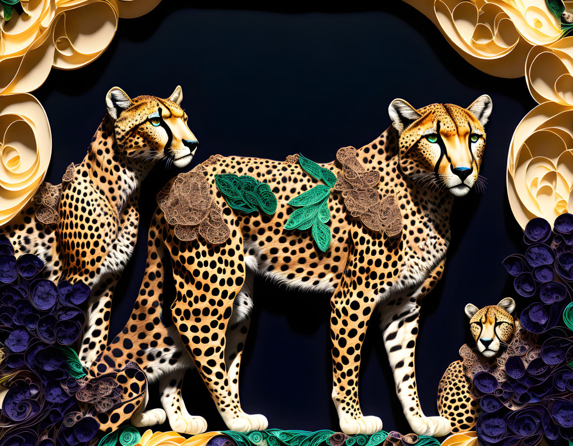 Ornate cheetah figures with floral patterns on golden and blue flower backdrop