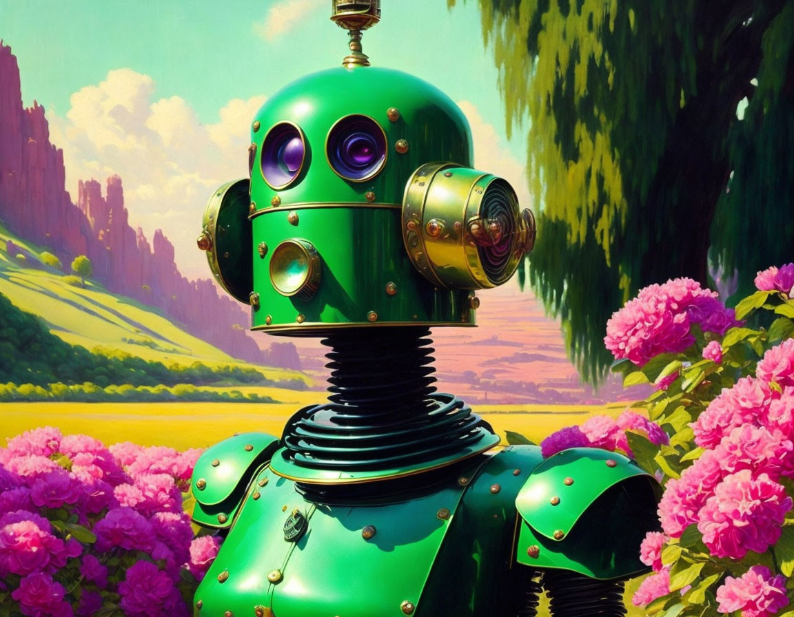 Vibrant green robot in pink-flowered landscape with whimsical mountains