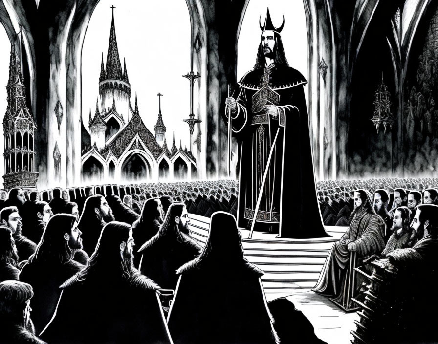 Monochrome illustration of regal figure with crown and scepter in gothic cathedral hall