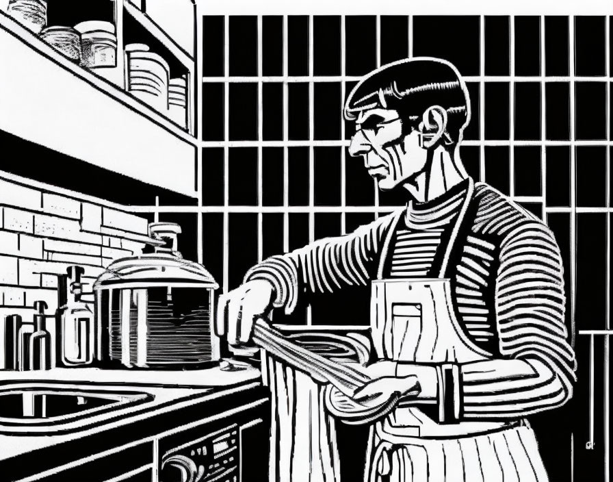 Monochrome illustration of person cooking in kitchen