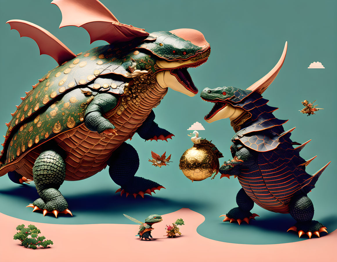 Stylized crocodile warrior figures with dragon-like armor and golden egg, surrounded by tiny creatures and