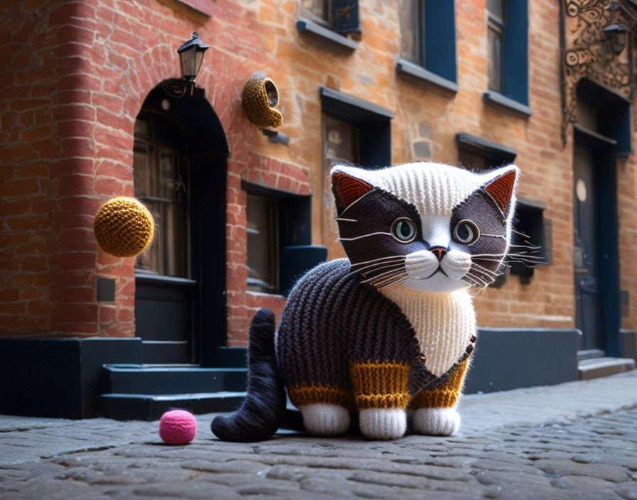 Knitted toy cat with black and white patterns and blue eyes on cobblestone street surrounded by floating