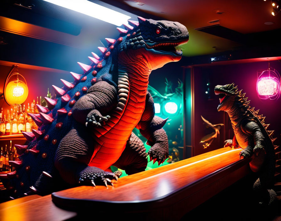 Two Godzilla figures in bar setting with colorful lighting & Asian lanterns