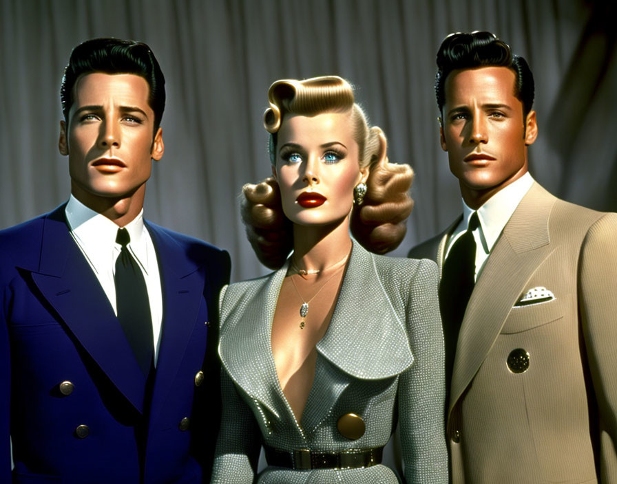 Vintage Hollywood Glamour: Two Men and Woman in Suits with Classic Hairstyles