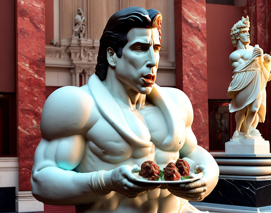 Muscular man with styled hair holding meatballs in front of classical statues