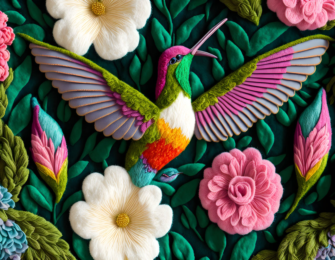 Colorful Hummingbird and Floral Embroidery Illustration