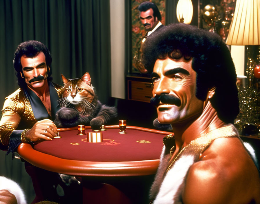 Identical men in gold outfits with mustaches at poker table with fluffy cat in retro room