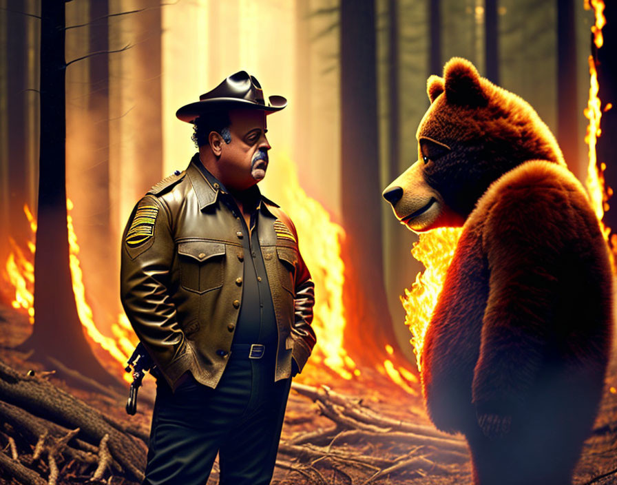 Park ranger and bear encounter in forest fire scene