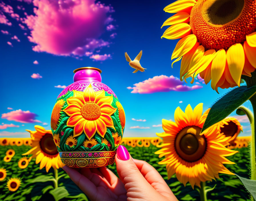 Colorful Sunflower Motif Painted Vase in Sunflower Field with Butterfly