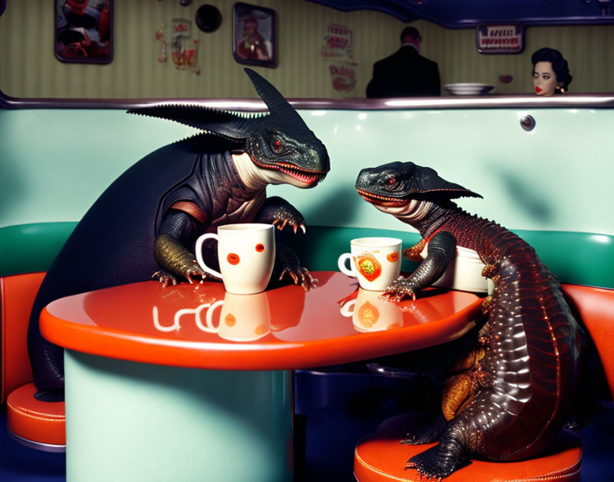 Realistic dinosaur models at diner table with coffee cups and waitress.