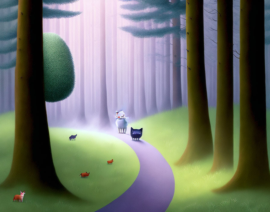 Whimsical forest illustration with stylized trees and cat-like characters