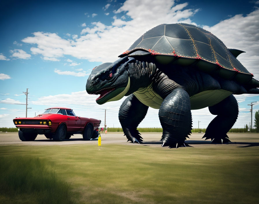 Giant Turtle with Shell Next to Red Muscle Car on Road