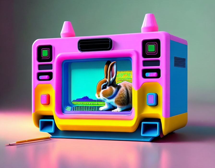 Colorful retro-style TV with 3D-rendered rabbit and landscape, pink and blue details,