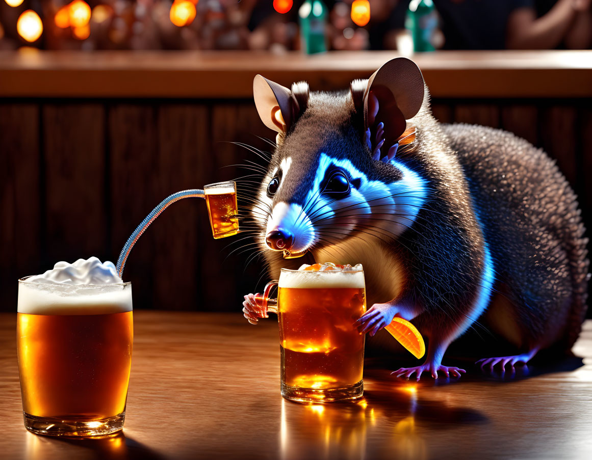 Anthropomorphic mouse pouring beer at bar counter