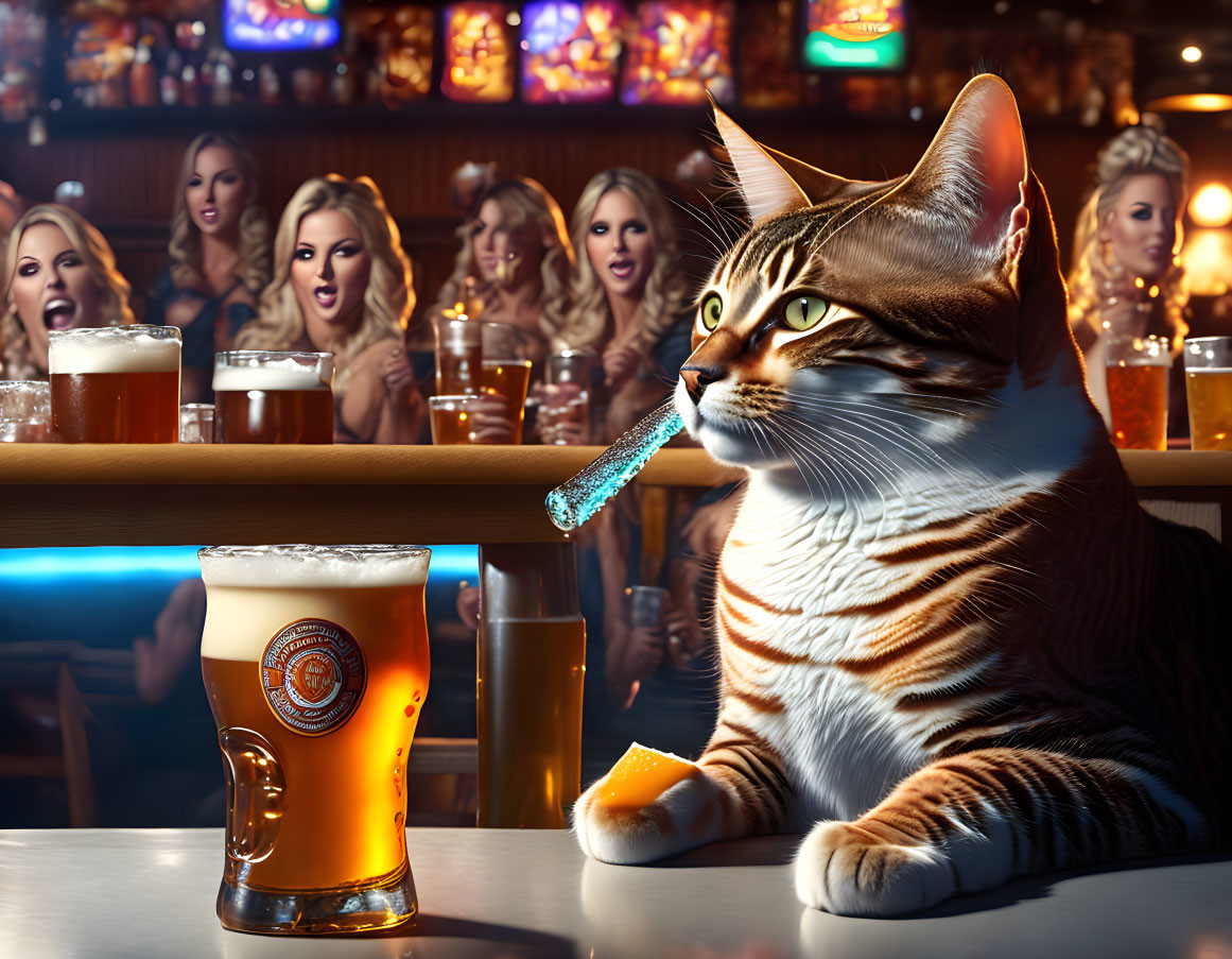 Realistic Striped Cat at Bar with Beer Glass and Excited Women in Background