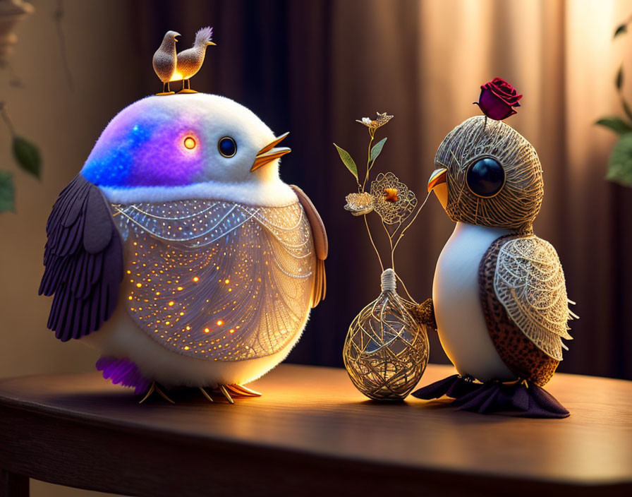 Whimsical owl figurines with intricate patterns and warm light on wooden surface