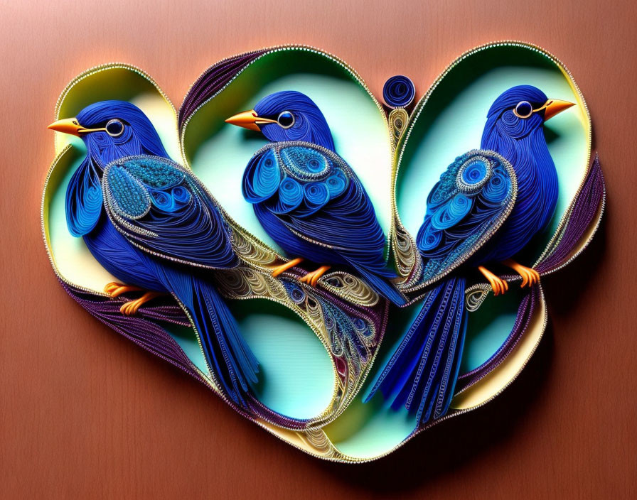 Vibrant paper quilling art of intricate bluebirds on warm backdrop