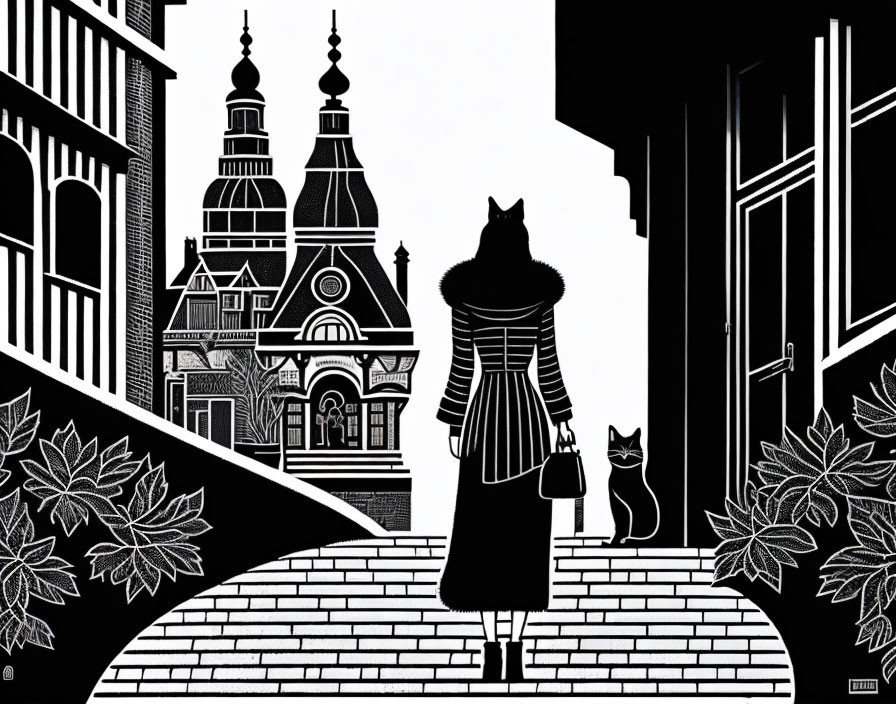 Monochrome illustration of woman and cat on bridge with cityscape view