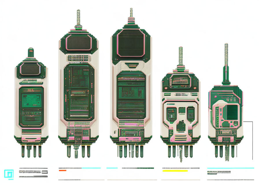 Five futuristic electronic ship and device designs with intricate circuitry patterns on white background