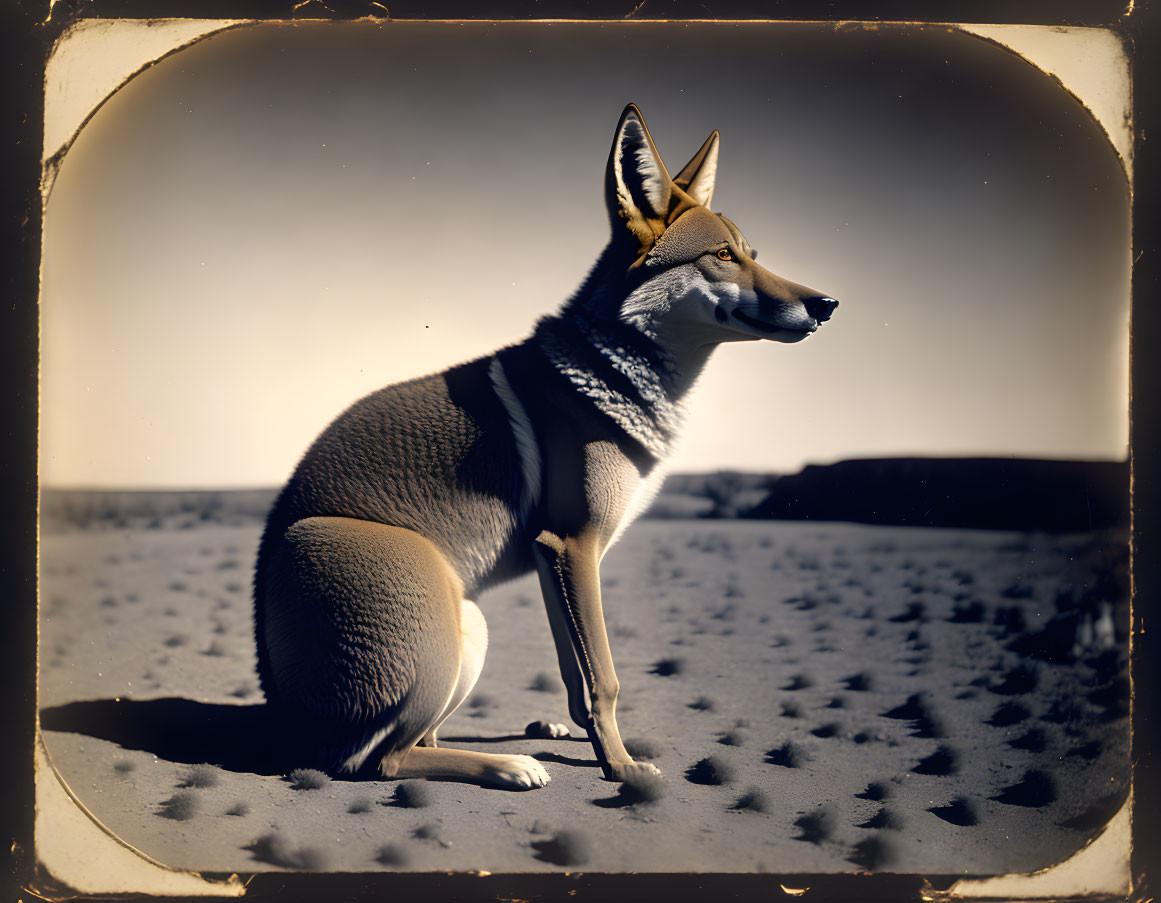 Sepia-Toned Photo: Fox Sitting on Sandy Terrain in Vintage Frame