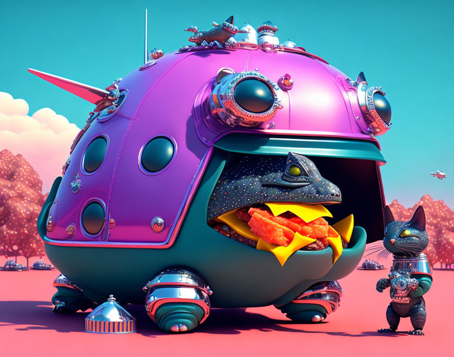 Whimsical purple spaceship with quirky creatures on pink alien landscape