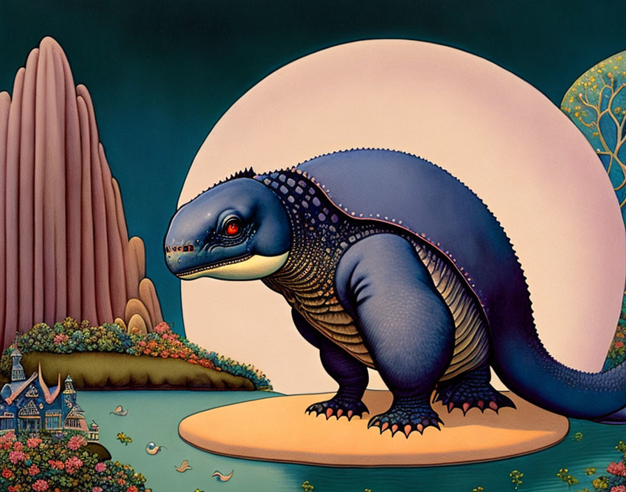 Whimsical painting of blue dinosaur with house and fishes under yellow moon