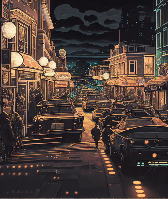 Nocturnal retro digital illustration of city street with vintage cars and pedestrians