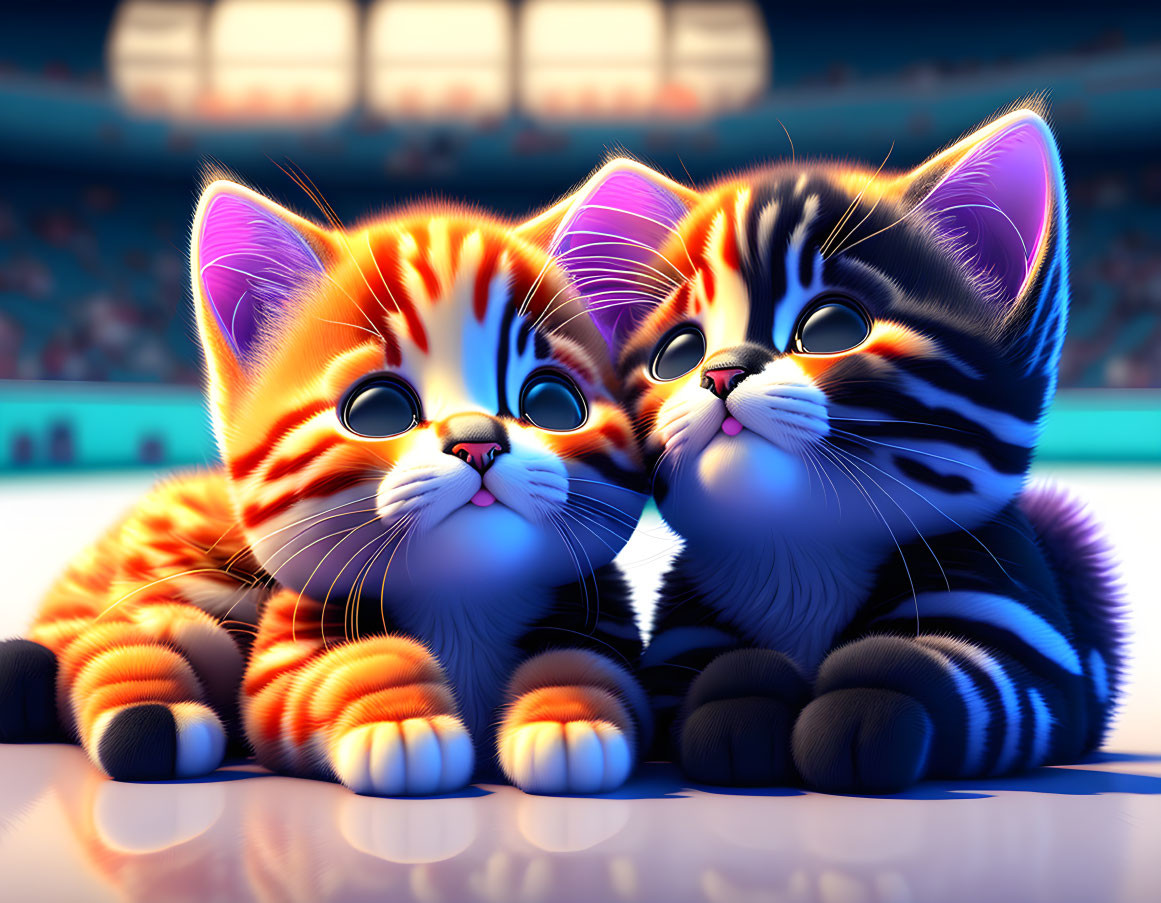 Two vibrant kittens with orange and black striped fur in stadium setting