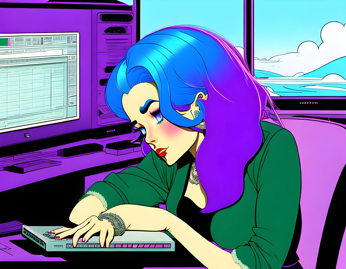 Illustration of woman with blue hair using computer in cloud-filled room