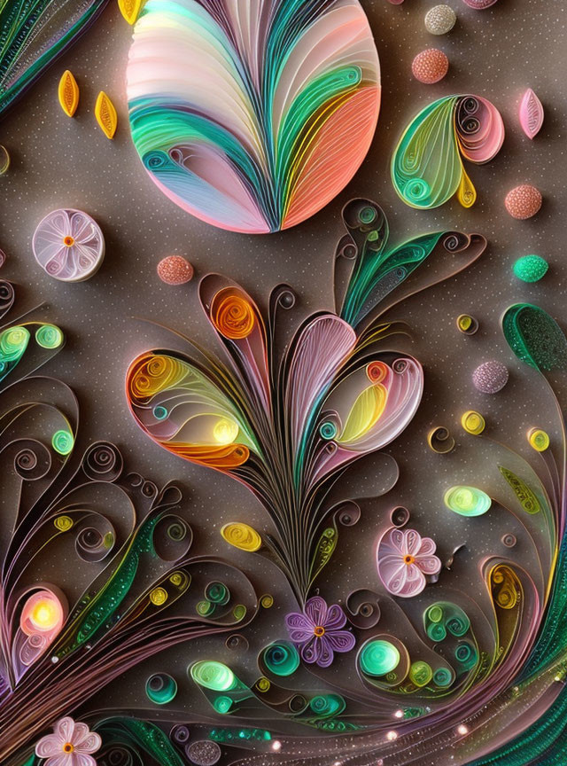 Vibrant paper art in quilling technique with intricate patterns and swirls