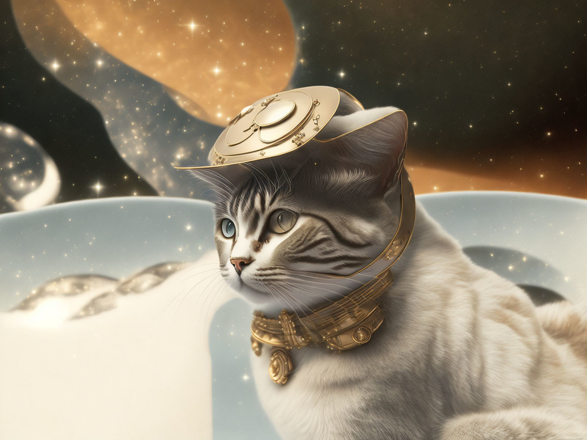 Whimsical cat in steampunk hat with cosmic background