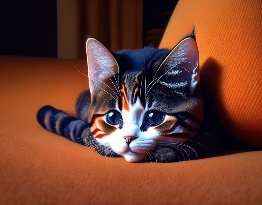 Calico Cat with Captivating Blue Eyes on Orange Surface