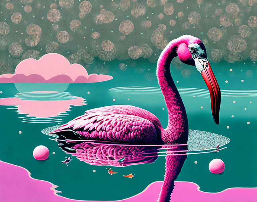 Colorful digital artwork featuring pink flamingo, teal water, pink orbs, fish, and polka