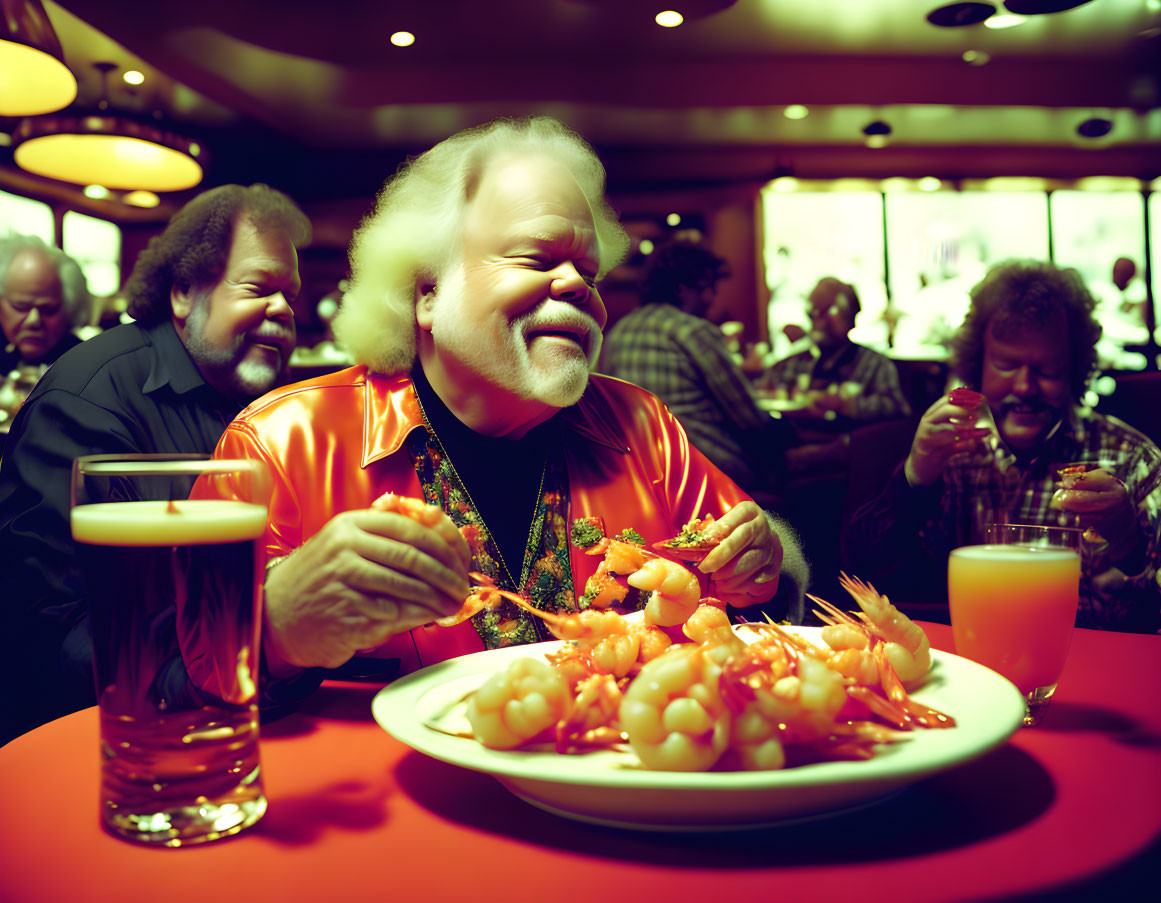 Elderly man eating shrimp at lively restaurant