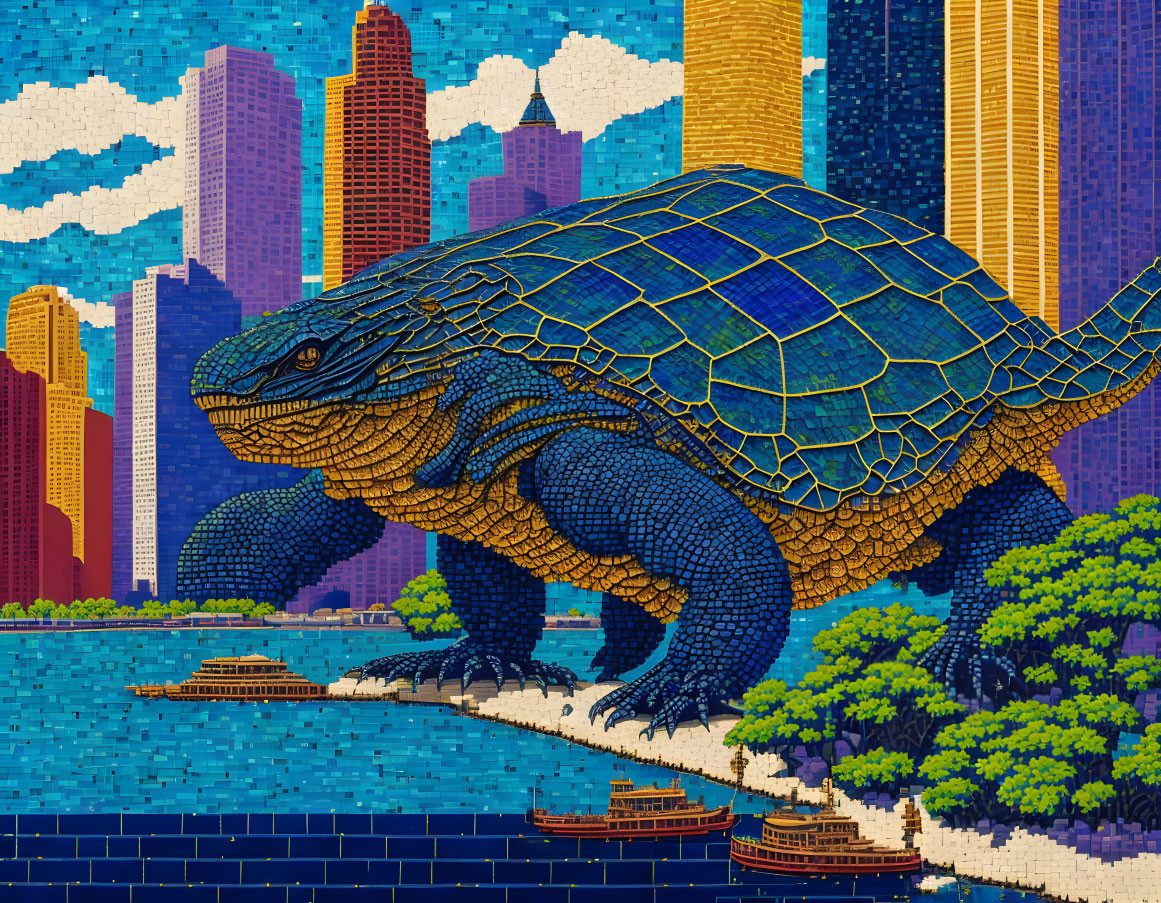 Giant blue turtle mosaic in cityscape with skyscrapers and boats