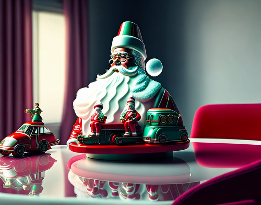 Santa Claus illustration with toy-themed train on glossy surface