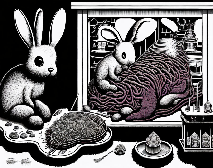 Surreal black and white artwork: rabbits with brain-like mass and chess pieces in maze motif