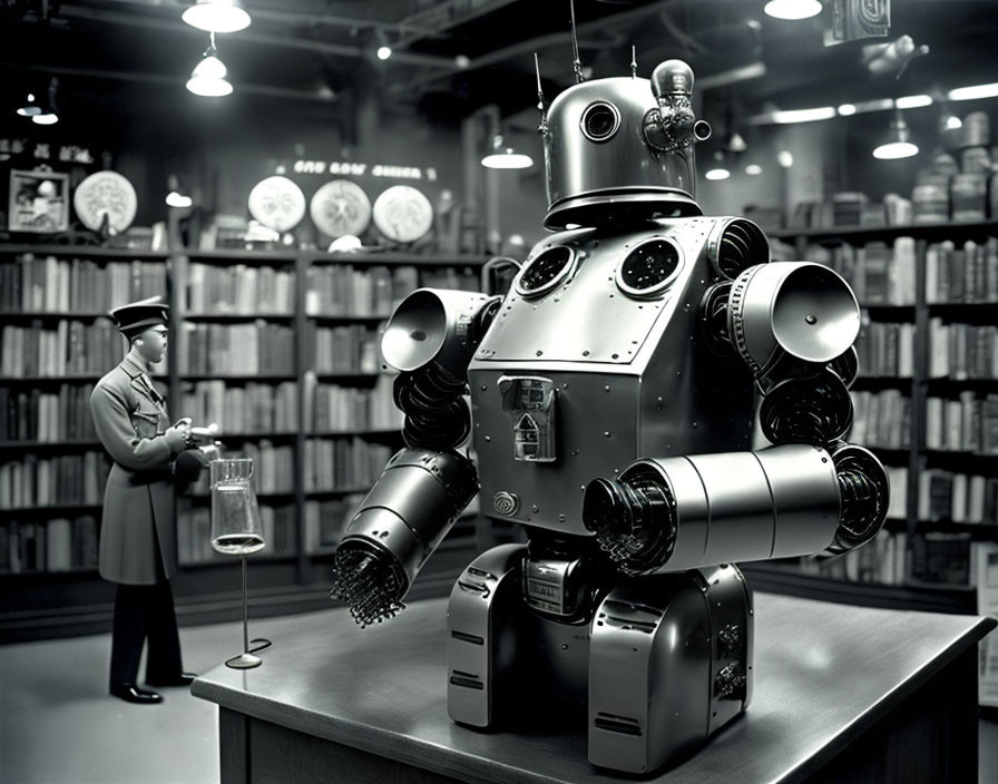 Classic Robot and Man in Library Room with Cans and Jars