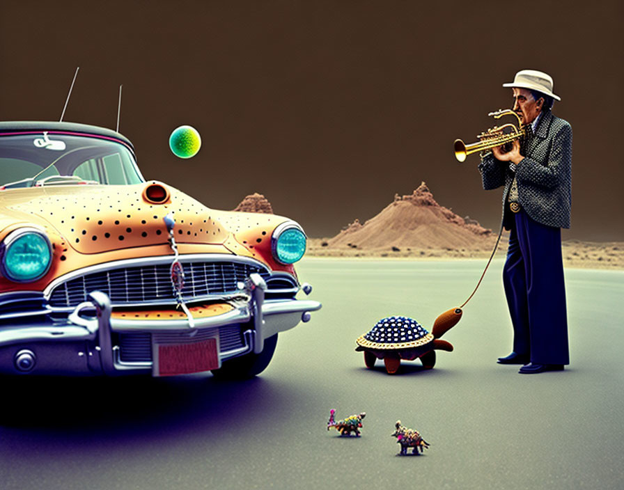 Man in white hat plays trumpet near classic car with turtle in domed city and turtles with buildings on