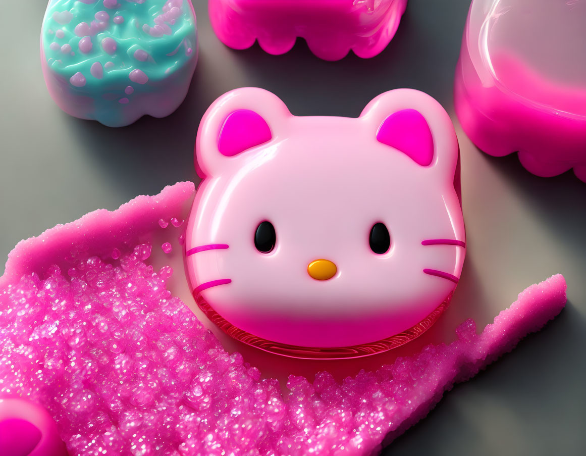 Pink Hello Kitty face with colorful blobs and textured pink goop on smooth surface