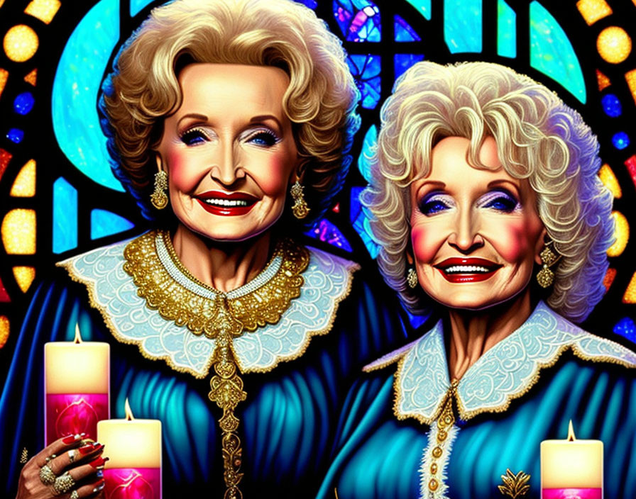 Two Smiling Women in Blue Dresses with Lit Candles on Colorful Stained Glass