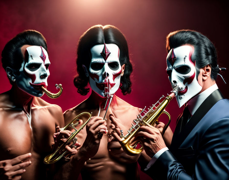 Three skull-faced musicians playing brass instruments on red background