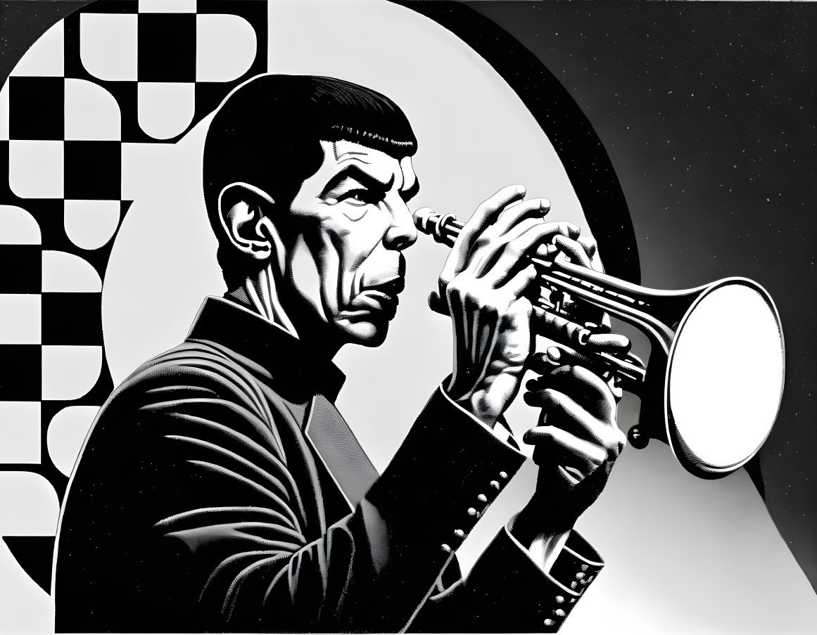 Monochrome illustration of man with pointed ears playing trumpet