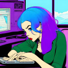 Illustration of woman with blue hair using computer in cloud-filled room