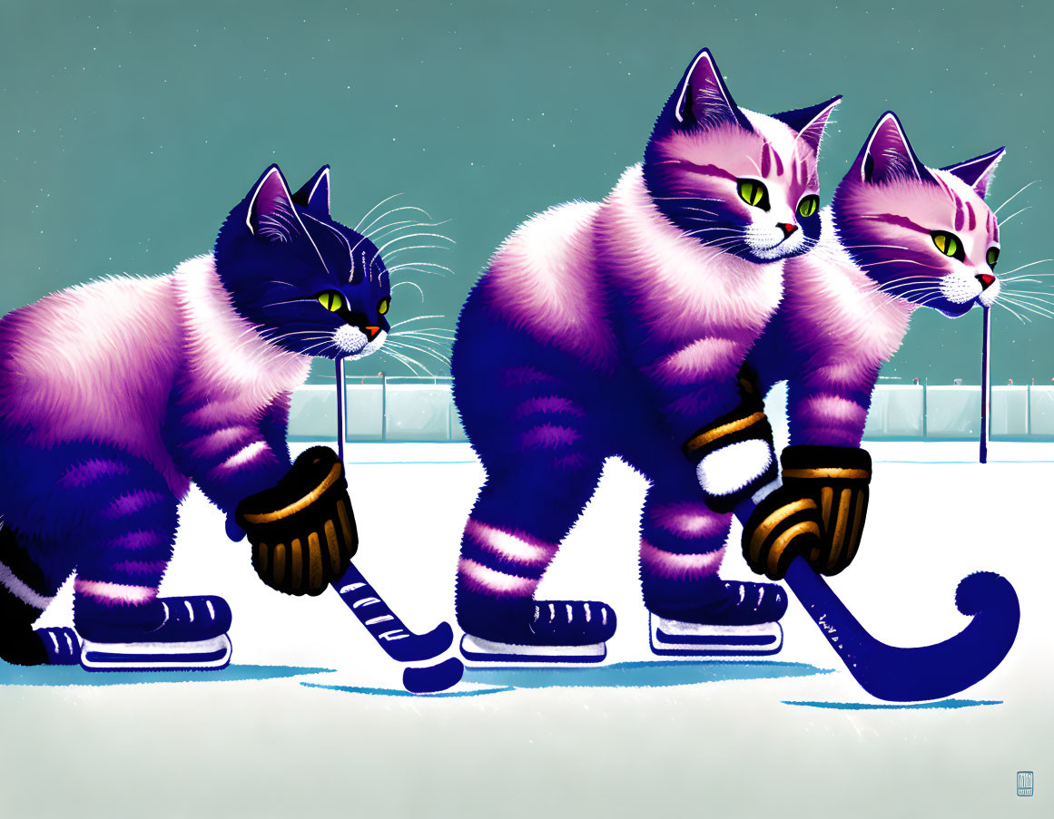 Stylized cartoon cats playing ice hockey under starry sky