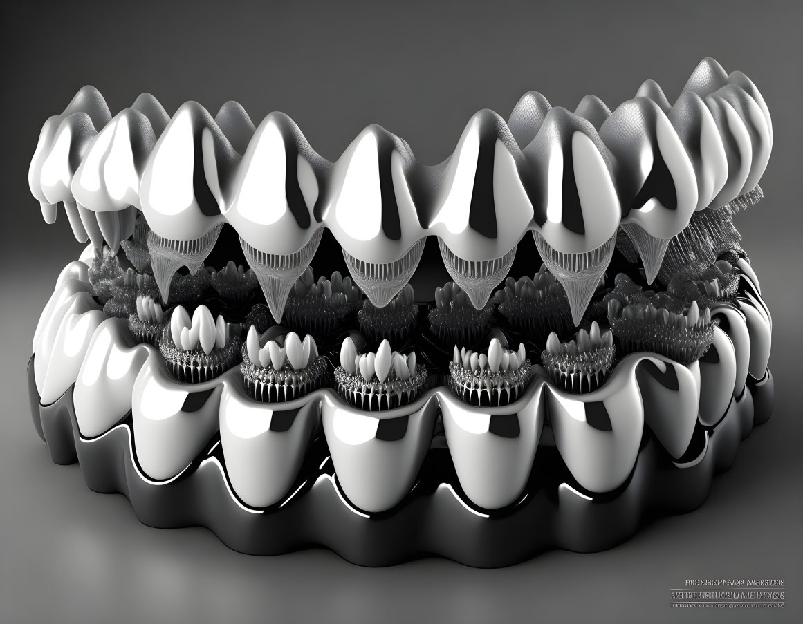 Monochrome surreal image: layers of human teeth in jaw pattern