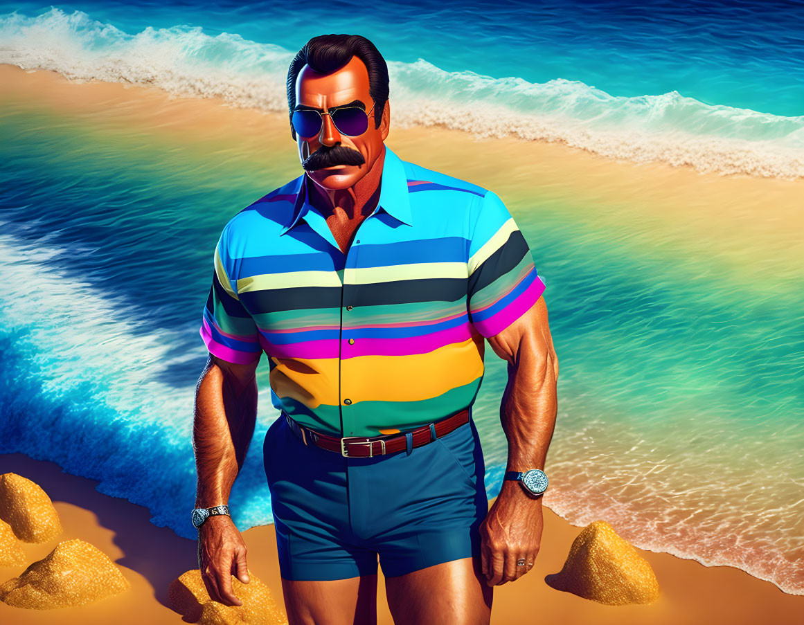 Colorful illustration: man with mustache on beach